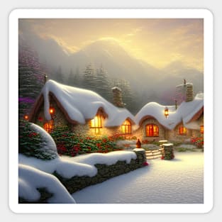 Magical Fantasy House with Lights in a Snowy Scene, Fantasy Cottagecore artwork Magnet